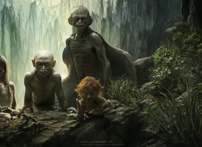 Image similar to a dramatic highly detailed render of Gollum family , Middle-earth , by WLOP and Artgerm and Greg Rutkowski and Alphonse Mucha, Beautiful dynamic dramatic dark moody lighting, shadows, cinematic atmosphere, Artstation, concept design art, Octane render, 8K, masterpiece, sharp focus, hyperrealistic