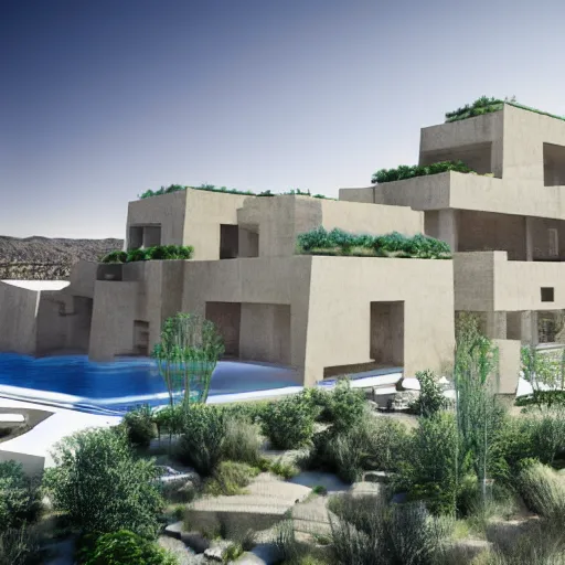 Image similar to architectural rendering of habitat 6 7 in the desert, biophilia style, pool, garden