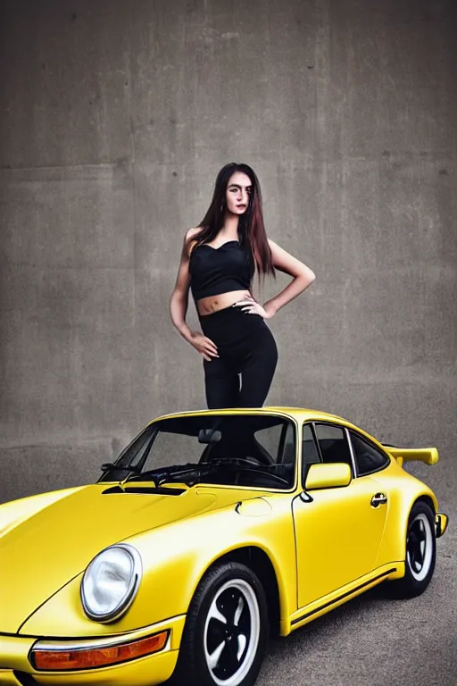 Image similar to Photo of a beautiful model leaning on a yellow Porsche 911 Carrera 3.2, daylight, dramatic lighting, award winning, highly detailed, fine art poster