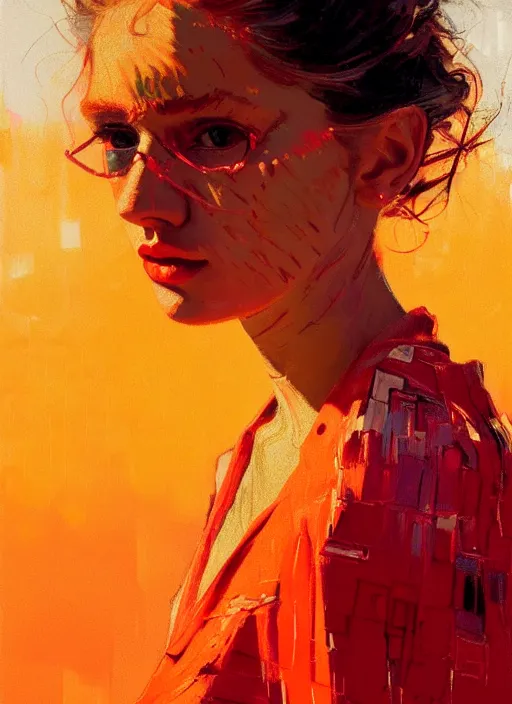 Image similar to portrait of beautiful girl, ibiza, sunset, shades of orange and red, beautiful face, rule of thirds, intricate outfit, spotlight, by greg rutkowski, by jeremy mann, by francoise nielly, by van gogh, digital painting