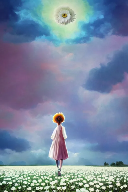 Image similar to giant white daisy flower head, girl with veil walking in a flower field, surreal photography, sunrise, dramatic light, impressionist painting, colorful clouds, digital painting, artstation, simon stalenhag