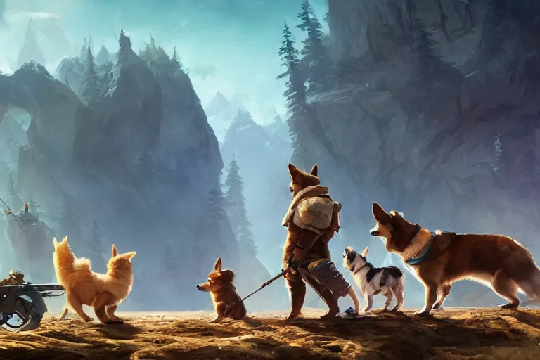 Prompt: an adventurer group with a giant corgi behind them, epic, digital art in the style of Greg Rutkowski and Craig Mullins, 4k