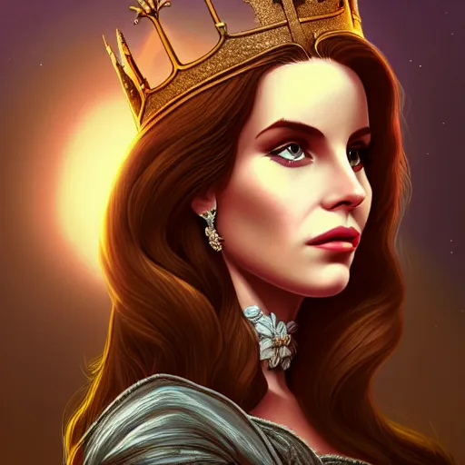 Image similar to portrait of lana del rey as a medieval queen, intricate, elegant, highly detailed, digital painting, artstation, concept art, smooth, sharp focus, illustration, art by studio ghibli, 8 k