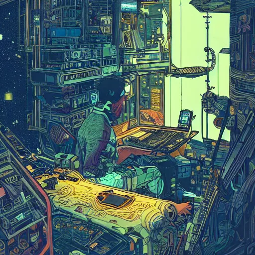 Image similar to Stunningly intricate illustration of a cyberpunk explorer playing video games in his treehouse, highly detailed, midnight, by Victo Ngai and James Gilleard , Moebius, Laurie Greasley