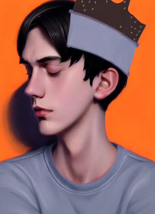 Image similar to portrait of teenage jughead jones wearing a light grey crown, crown, hamburger background, eyes closed, crown, black hair, orange, intricate, elegant, glowing lights, warm lighting, highly detailed, digital painting, artstation, concept art, smooth, sharp focus, illustration, art by wlop, mars ravelo and greg rutkowski