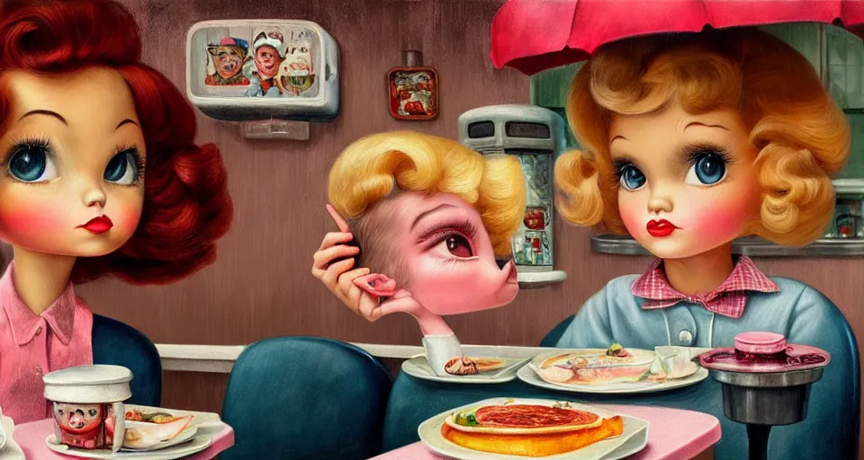 Image similar to closeup profile portrait of a 1 9 5 0 s diner, nicoletta ceccoli, mark ryden, lostfish, max fleischer, hyper realistic, artstation, illustration, digital paint, matte paint, vivid colors, bright, cheerful, detailed and intricate environment