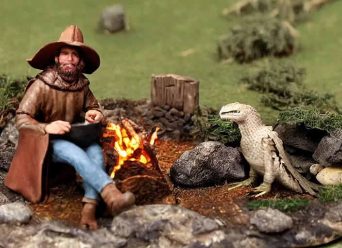 Prompt: diorama of a medieval farmer sitting beside a fire with his pet velociraptor