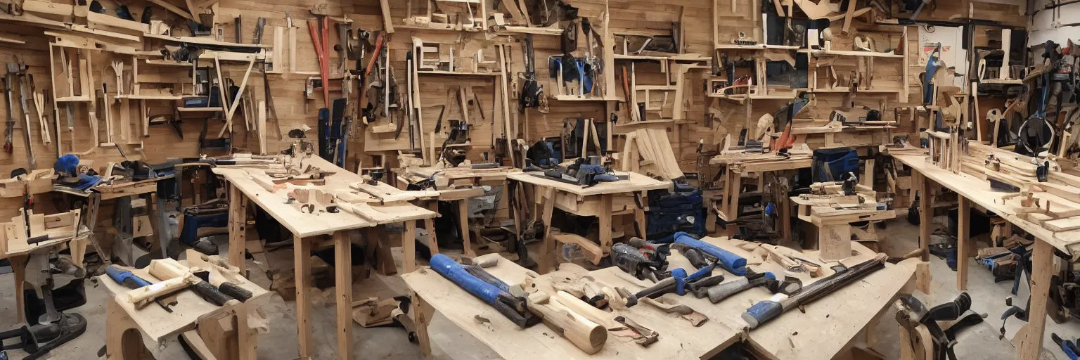 Image similar to A wood workers workshop with a lot of tools wide