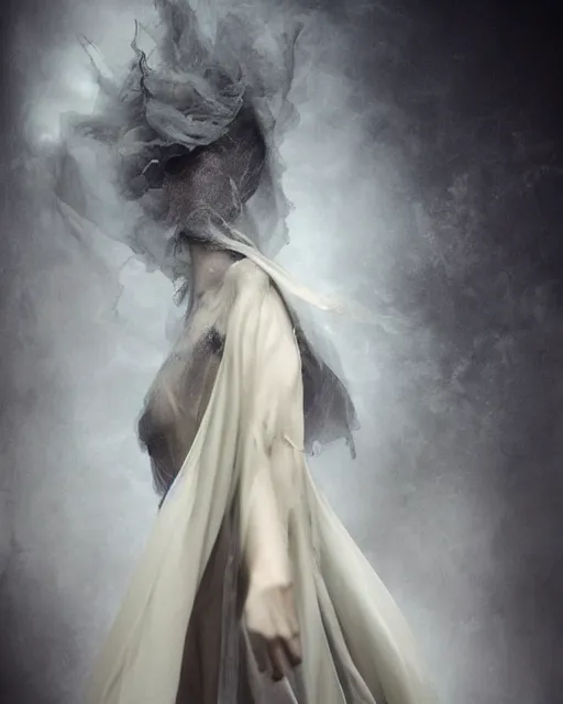 Image similar to professional concept art ethereal ghostlike valkyrie figure wrapped in dark smoke robes and silk veils by ilm, paolo roversi, nick knight, amy judd, fluid simulation in houdini, beautiful simplified form dancing with turbulent movement, dark studio background, vivid, romantic, trending on artstation, hyperrealism, matte painting, dutch golden age, fine detail, cgsociety