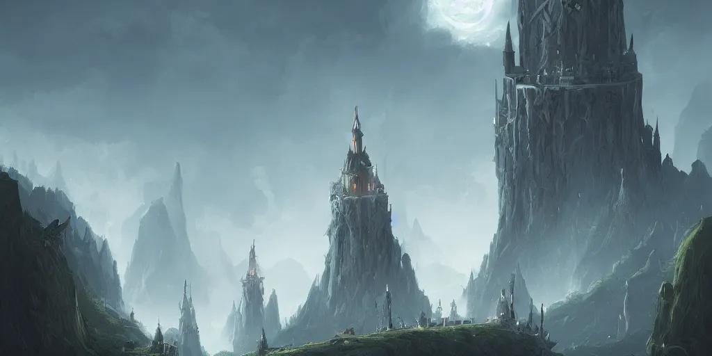 Image similar to The single lonesome grand wizard tower by Tyler Edlin and Raphael Lacoste, fantasy art, green fields in the background, wide angle, cinematic composition, dark moody lighting, moon in the sky