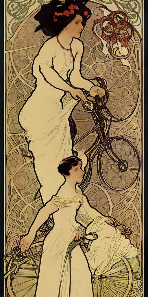 Image similar to a poster by Alphonse Mucha showing a woman riding a bicycle