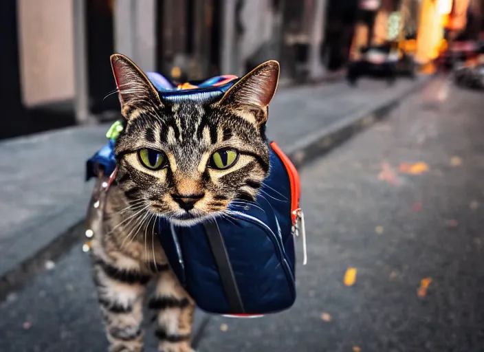 Image similar to photography of a Cat being carried in an half open backpack . in a new york street. award winning photo, led lighting, night, 130mm, sharp, high res