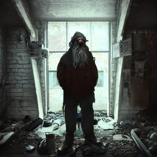 Image similar to homeless man hobo with long beard in asylum, hyper detailed, digital art, trending in artstation, cinematic lighting, studio quality, smooth render, unreal engine 5 rendered, octane rendered, art style by klimt and nixeu and ian sprigger and wlop and krenz cushart.