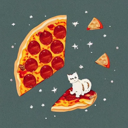 Prompt: kitten riding a slice of pizza across the galaxy