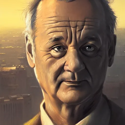 Prompt: closeup portrait of bill murray as cesar, city background, dramatic light, gorgeous view, depth, high detail, digital art, painted by greg rutkowski, trending on artstation