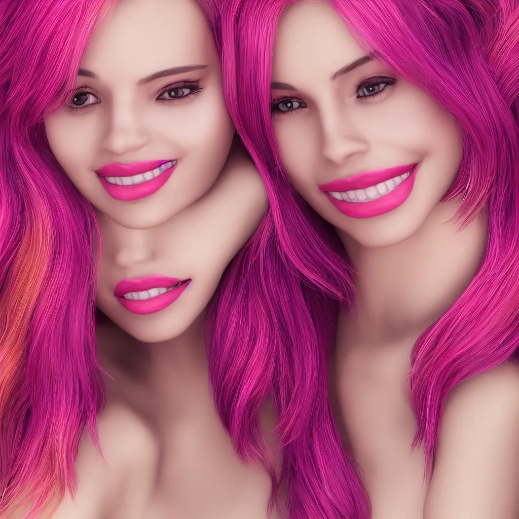 Image similar to ultra realistic portrait of a hot woman, colorful hair, pink lips, gorgeous smile, stunning, hottest, 8K resolution, 3D, Octan render,