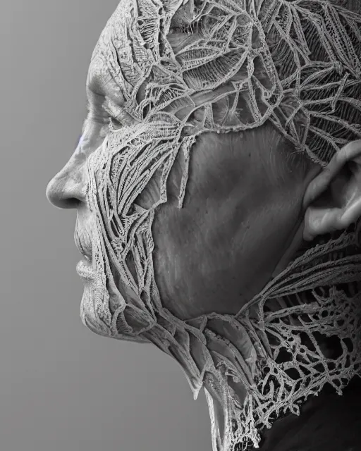 Prompt: a 6 0 year old woman's face in profile, made of intricate decorative lace leaf skeleton, in the style of the dutch masters and gregory crewdson, dark and moody, depth of field