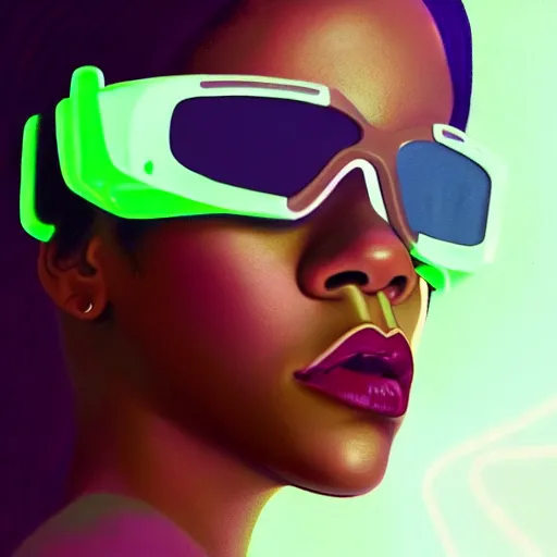 Prompt: Rihanna wearing opaque reflective goggles profile picture by Greg Rutkowski, brown skin, very long hair, dune, asymmetrical, futuristic, neon volumetric lights, cool colors, streetwear, studio ghibli, Organic Painting , Matte Painting, geometric shapes, hard edges, street art, trending on the artstation, fantasy LUT, realistic by Sachin Teng + Martin Grip + Moebius + Patrick Gleason, smooth, sharp focus, illustration, art by John Collier and Albert Aublet and Krenz Cushart and Artem Demura and Alphonse Mucha, techwear, Industrial Scifi, detailed illustration, character portrait,