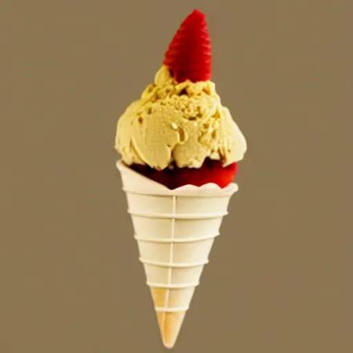 Image similar to a photo of an ice cream cone with hair and teeth