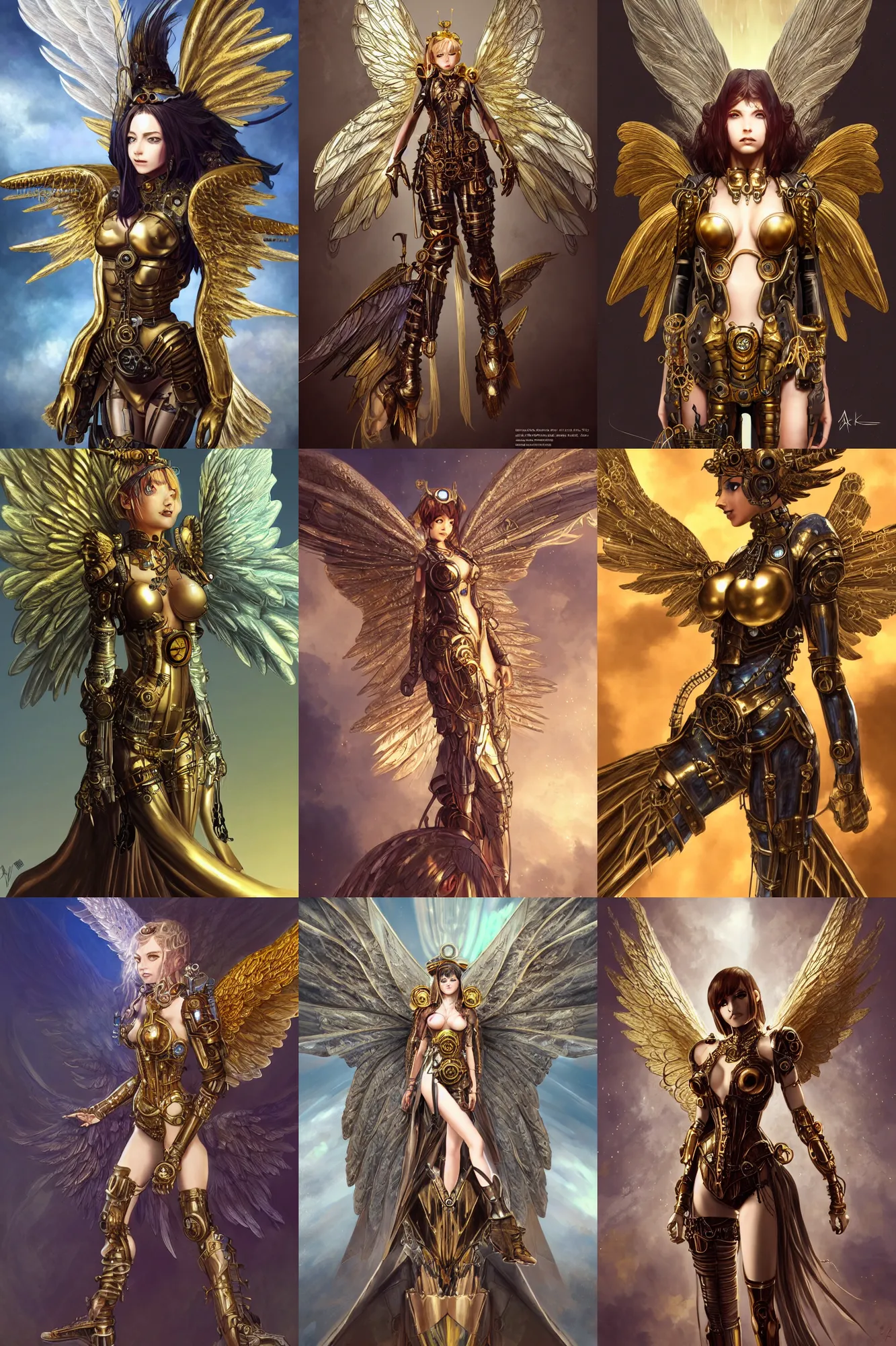 Prompt: character portrait of a steampunk angel, female, gear aurora, huge wings, metallic skin, golden eyes, metropolis background, science fantasy, high fantasy, by Akihiko Yoshida, James_Jean_Andrei_Riabovitchev_Marc_Simonetti, Yoshitaka Amano, digital illustration, artstation