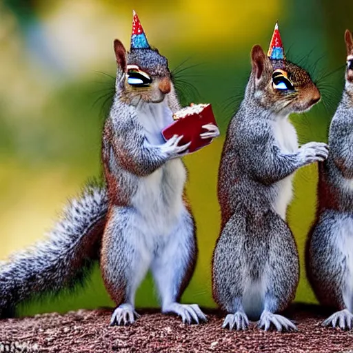 Image similar to three squirrel's having a cool birthday party, national geographic photo, highly detailed