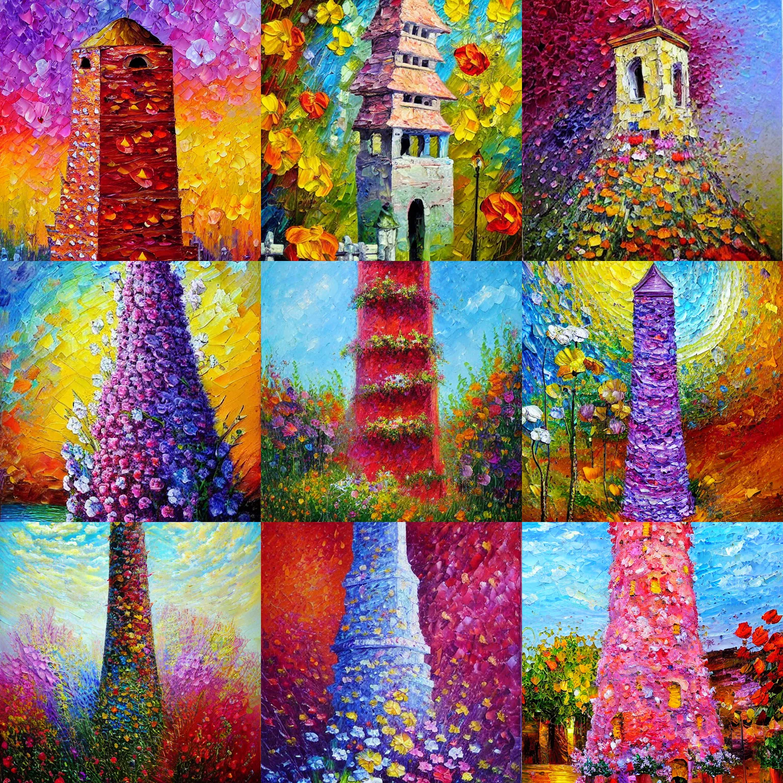 Prompt: The flower tower, oil painting, award-winning, highly detailed palette knife oil painting, thick impasto, painterly