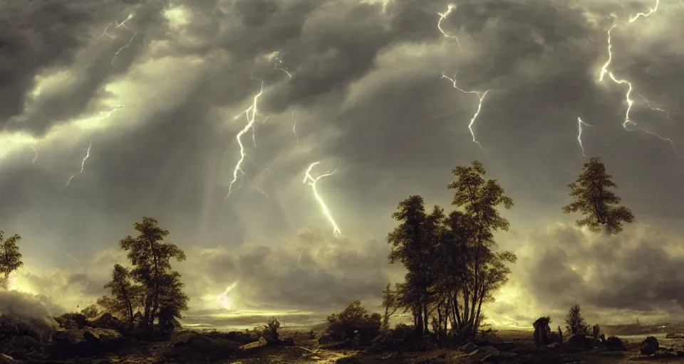 Prompt: heaven!! clouds!! god rays, snowy, windy, by eugene von guerard, ivan shishkin, night, lightning!!, storm!, dramatic lighting, concept art, trending on artstation, 8 k