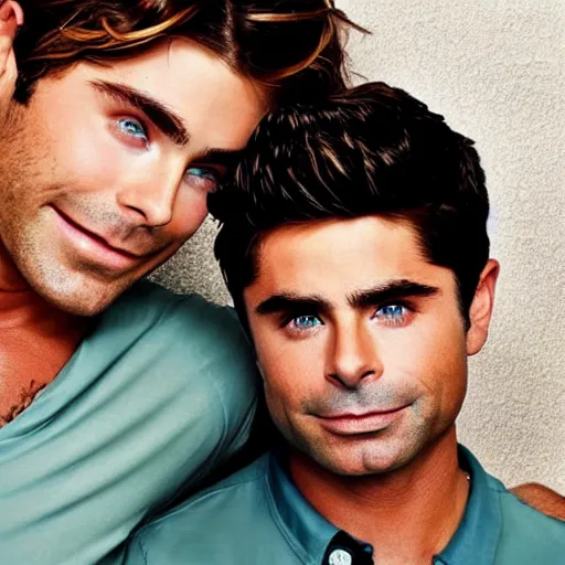Prompt: portrait of zac efron and john stamos as father and son, vogue magazine, dramatic light, photoshoot, face photo,