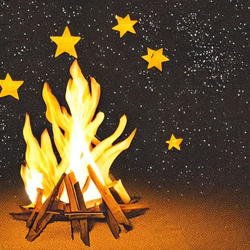 Prompt: a comfy crackling outdoor campfire in front of a very dark background of yellow illustrated stars, astrophotography, warm muted colors, cut paper collage with photograph and illustration