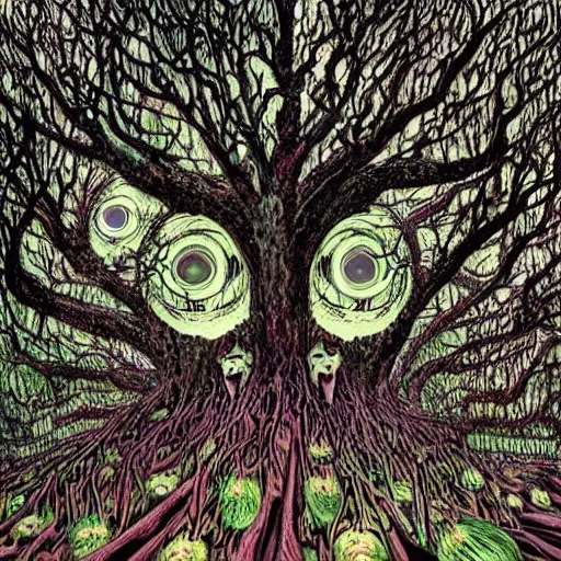 Image similar to horror nightmare psychedelic art illusionary art of forest made of only creepy eyes everywhere schizophrenic visions haunting scary horrifying terrifying anthropomorphic trees bio organic forests james gurney greg rutowski yoji shinkawa apophasis shintaro kago junji ito esoteric hypnogogic ethereal ethereality