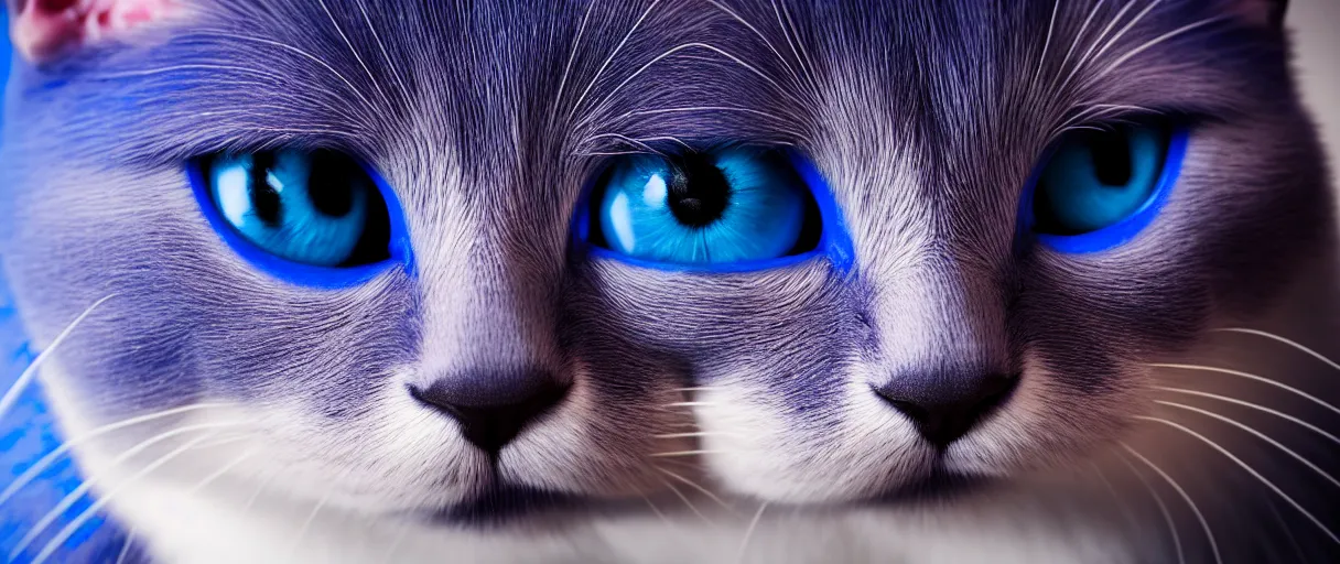 Image similar to hyperrealistic high quality photo close-up of a sad cute blue cat with round puppy eyes sharp cinematic lighting 8k low angle shallow depth of field