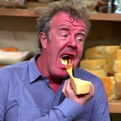 Prompt: jeremy clarkson screaming angry while trying to eat melted cheese