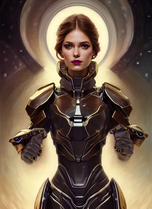 Prompt: glamorous mage portrait, seductive eyes and face, elegant, lascivious pose, very detailed face, studio lighting, photorealism, wearing Forerunner armor from Halo portrait by Magali Villeneuve and Steve Argyle,Livia Prima,Mucha,dress,fantasy art,beautiful,artstation,trending on artstation,intricate details,alluring,masterpiece