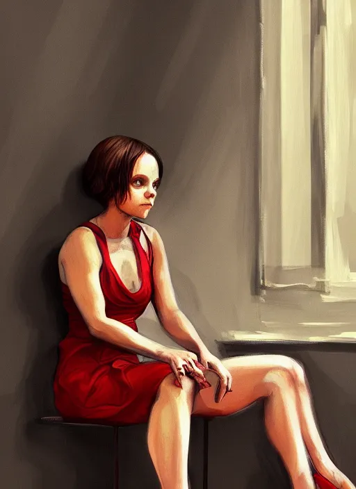 Prompt: christina ricci sitting in the cafeteria, backround dark, highly detailed, digital illustration, trending in artstation, modern painting, smooth, sharp focus, intricate, einar jonsson, ilya repin