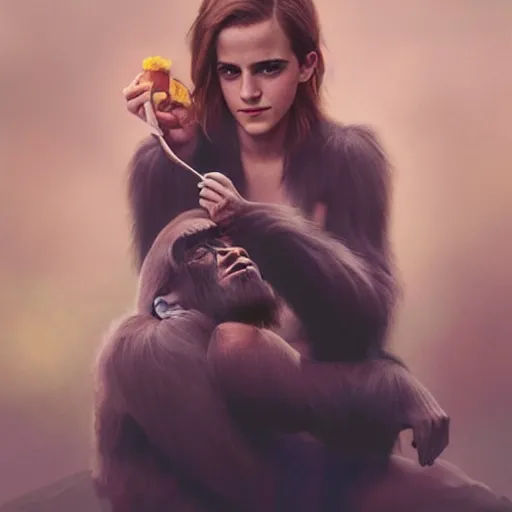 Prompt: Emma Watson with a gorilla while she eats a banana from the gorillas hand, Charlie Bowater, Tom Bagshaw, artstation, golden ratio, artgem, cinematic lighting, cgsociety, cinematic