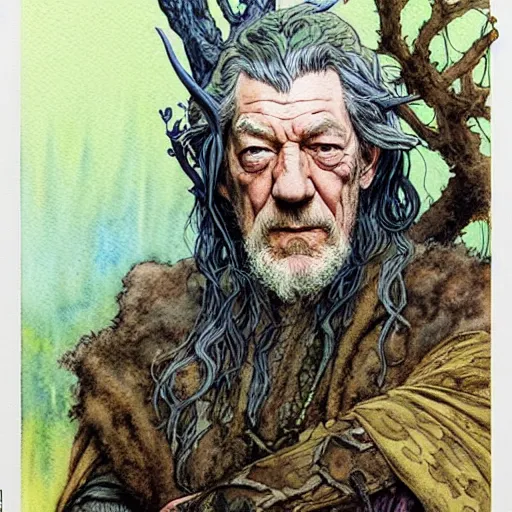 Image similar to a realistic and atmospheric watercolour fantasy character concept art portrait of ian mckellen as a druidic warrior wizard looking at the camera with an intelligent gaze by rebecca guay, michael kaluta, charles vess and jean moebius giraud