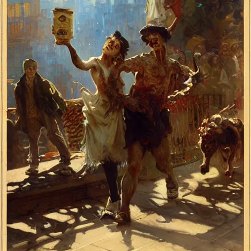 Image similar to a couple of zombies doing weekly shopping and arguing about the milk prices by by gaston bussiere, craig mullins, j. c. leyendecker