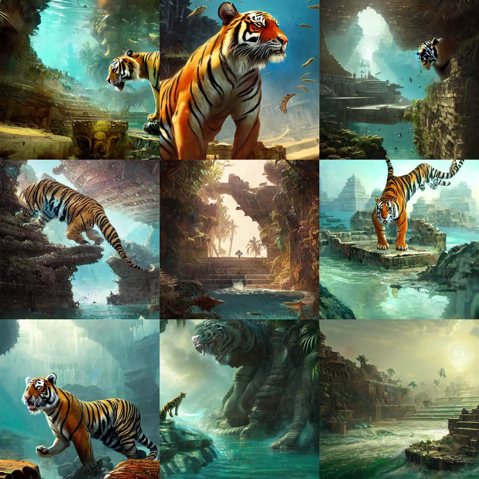 Prompt: a tiger discovering the lost city of atlantis,digital art,detailed,ultra realistic,art by greg rutkowski