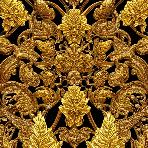 Image similar to Intricate a whole fantasy gold leaf, encrusted with jewels, detailed veins, sharp focus, illustration, high quality, 8k, volumetric lighting, on black background