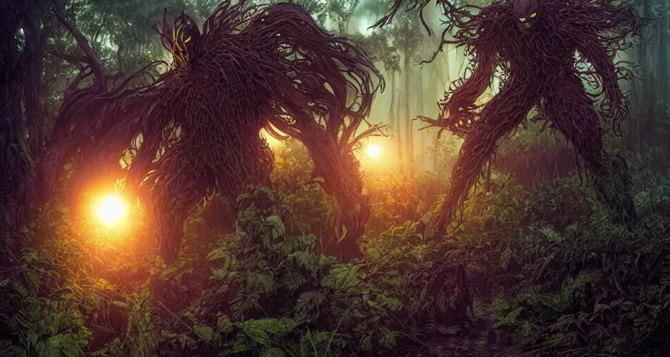 Image similar to Marvel Comics Man Thing Battles DC Comics Swamp Thing In A Misty Swamp, bats, sunset, volumetric lighting, hyperrealistic, beautiful details, HDR, octane render, action shot, wide angle, bokeh, Yasushi Niarasawa Moebius Jim Steranko Style