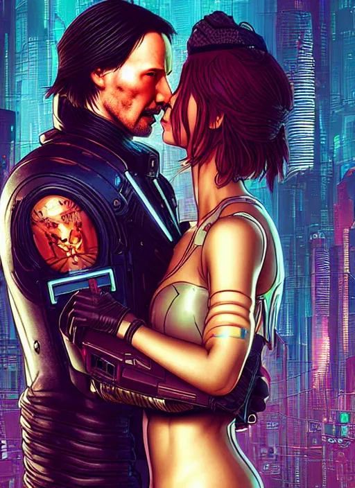 Image similar to a cyberpunk 2077 couple portrait of Keanu Reeves & female android in final kiss,love,by Laurie Greasley,Lawrence Alma-Tadema,Dan Mumford,artstation,deviantart,FAN ART,full of color,Digital painting,face enhance,highly detailed,8K,octane,golden ratio,cinematic lighting