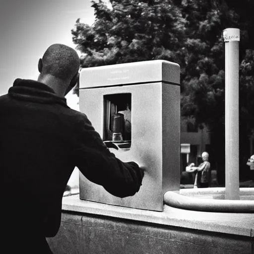 Image similar to “ a man drinking from a water fountain filled with urine. ”