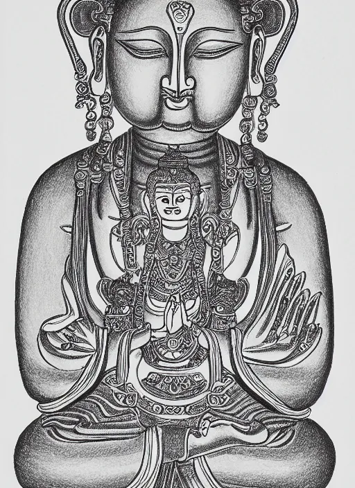 Image similar to detailed pen and ink illustration of a Buddhist bodhisattva with a bears head, anthropomorphic, all drawn with micron, seated in royal ease, 0.2 black micron pen on white paper, highly detailed, fine pen work, white background, in the style of Olivia Kemp