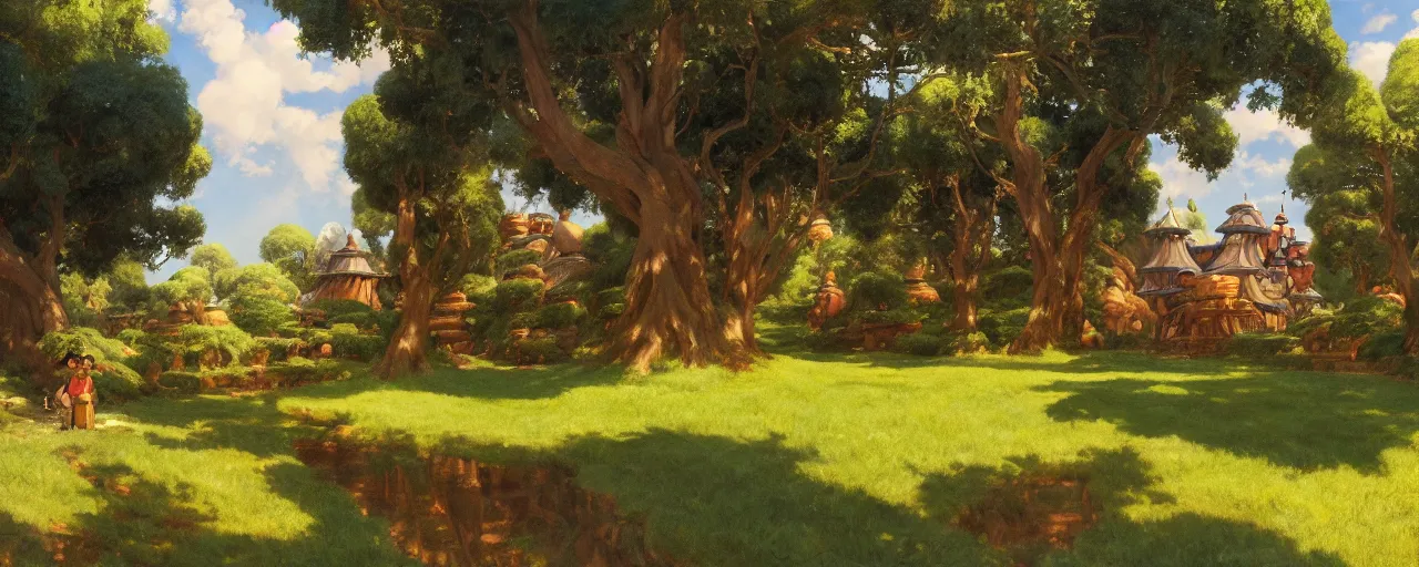 Image similar to ghibli disney illustrated background of a farm by eugene von guerard, ivan shishkin, john singer sargent, 4 k