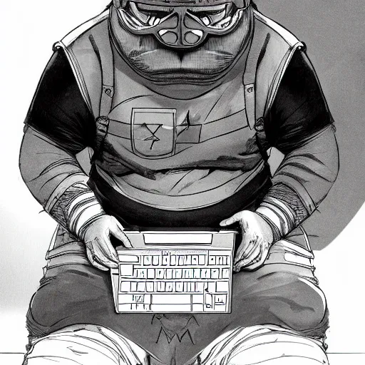 Image similar to an insanely detailed painting of a chubby nerdy asian man wearing a homemade superhero costume and mask, sitting at a computer desk typing on the keyboard, in the style of peter mohrbacher, dramatic lighting and composition, trending on artstation, concept art, comic book, graphic novel, back view