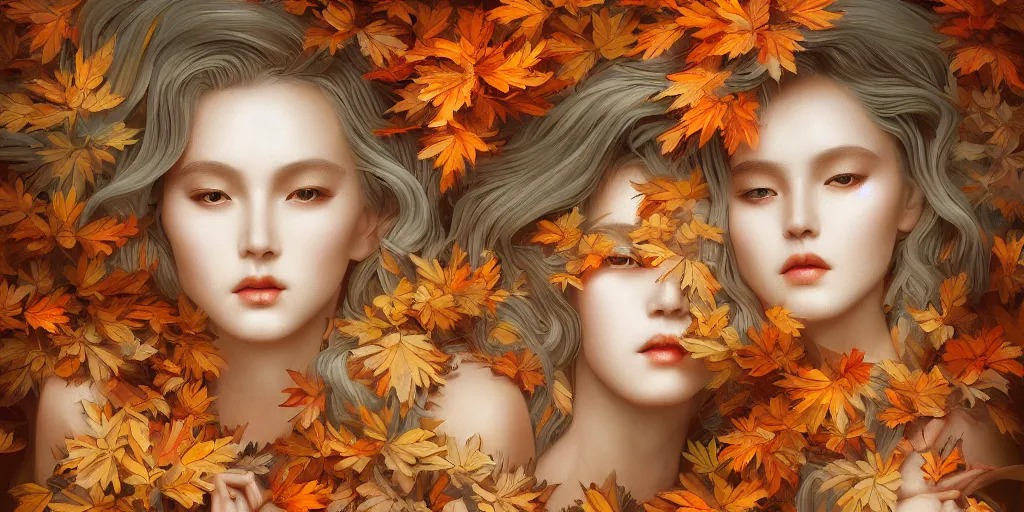 Prompt: breathtaking detailed concept art painting art deco pattern of blonde goddesses faces blend with autumn leaves, by hsiao - ron cheng, bizarre compositions, exquisite detail, extremely moody lighting, 8 k