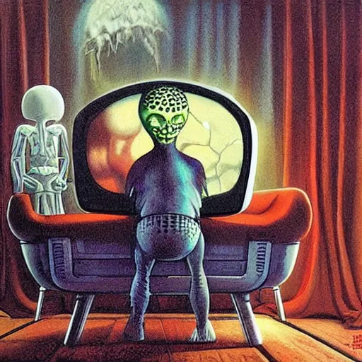 Prompt: alien watches tv to understand human culture, by gerald brom