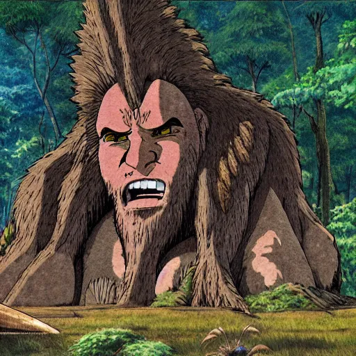 Image similar to a realistic cell - shaded studio ghibli concept art from princess mononoke ( 1 9 9 7 ) of a giant caveman. very dull colors, wide shot, hd, 4 k, hq