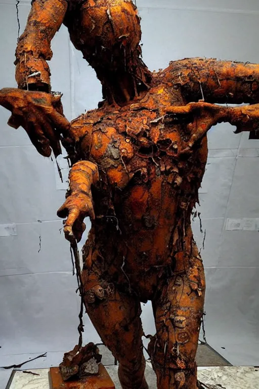 Prompt: realistic detailed statue of the terrific sacred destruction golem made with marble and with stained rust golden wings, cracked body full of scars, made by Karol Bak, Mark Brooks and Bernini. Rich colors. Beksinski and painting. Masterpiece