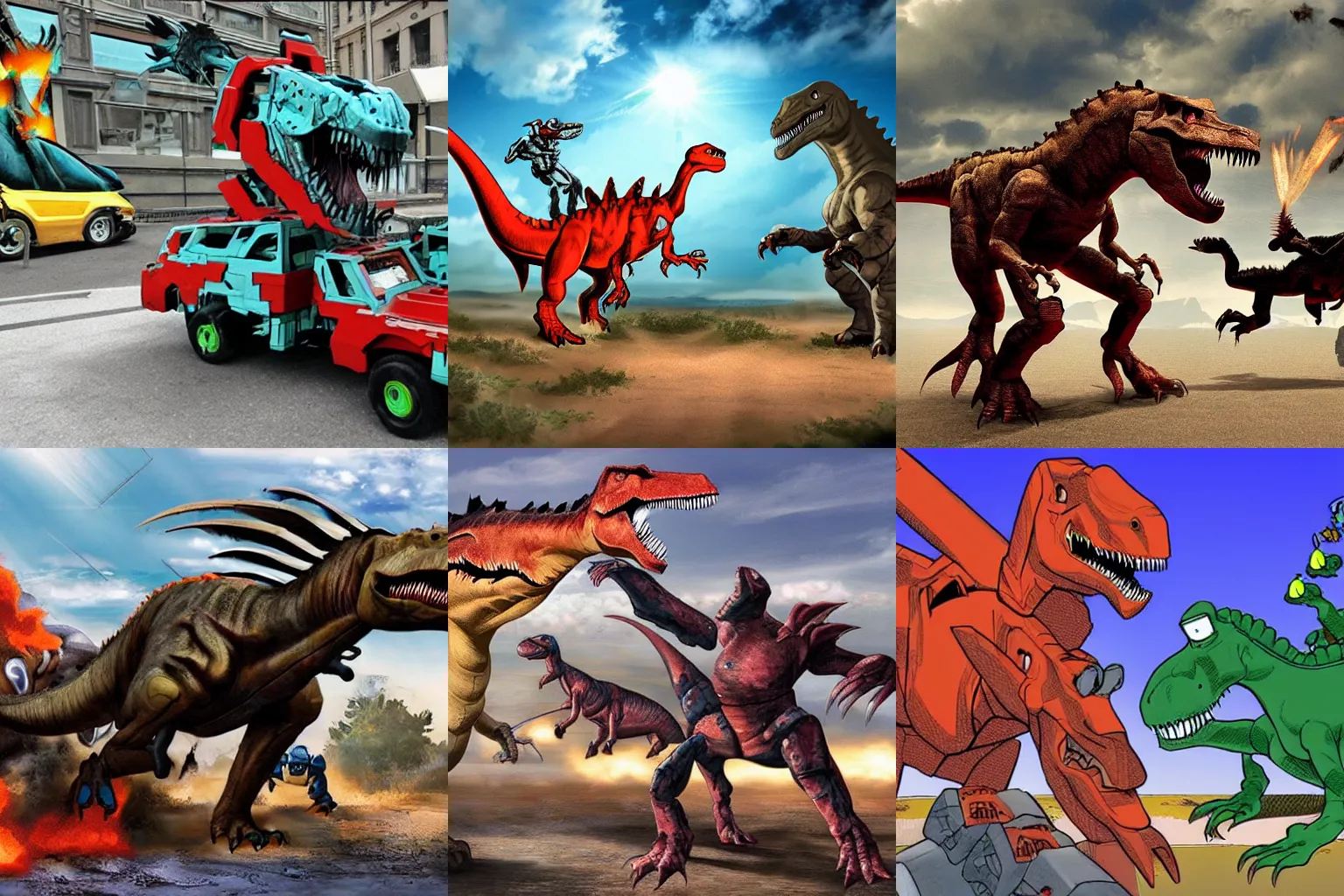 Prompt: Dinosaur fights transformers